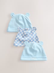 Blue 100% Cotton Baby Bear Ear Beanie Hats 3 Pack (0-18mths) - Image 1 of 6