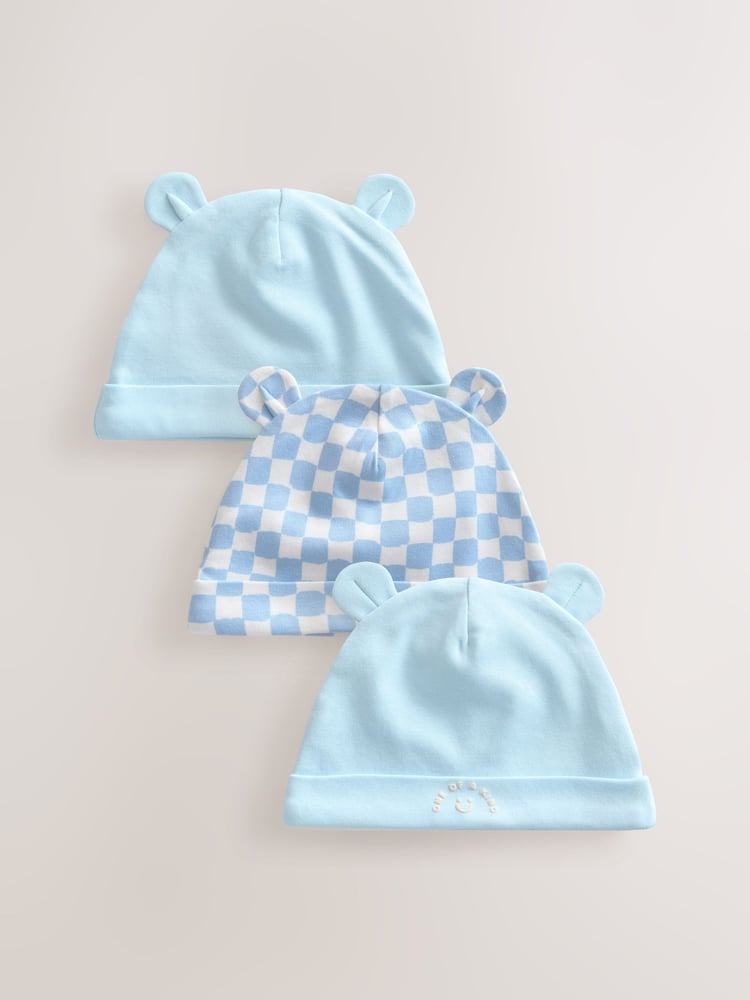 Blue 100% Cotton Baby Bear Ear Beanie Hats 3 Pack (0-18mths) - Image 1 of 6
