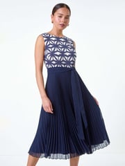 Roman Blue Geometric Print Pleated Midi Dress - Image 2 of 5