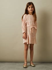 Reiss Pink Allie 4-9 yrs Metallic Jacquard Print Puff Sleeve Dress - Image 1 of 5