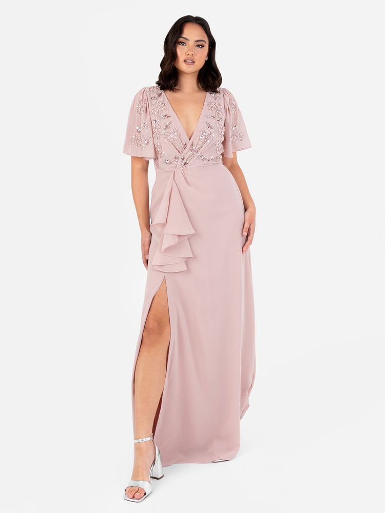 Maya Pink Wrap Bodice Angel Sleeve Embellished Maxi Dress - Image 1 of 5