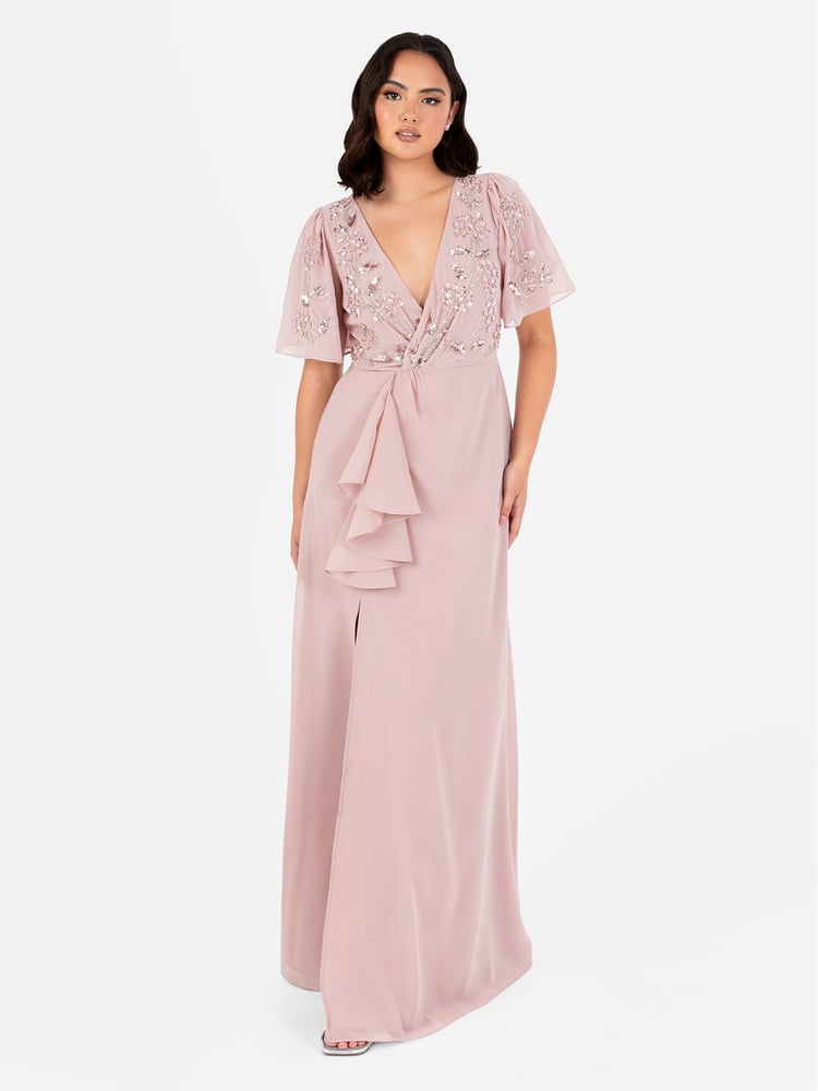 Maya Pink Wrap Bodice Angel Sleeve Embellished Maxi Dress - Image 5 of 5
