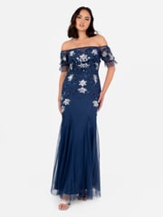 Maya Blue Floral Embellished Bardot Puff Sleeve Maxi Dress - Image 1 of 5