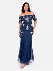 Maya Blue Floral Embellished Bardot Puff Sleeve Maxi Dress - Image 5 of 5
