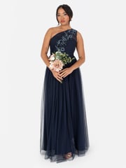 Maya Blue One Shoulder Tulle Maxi Dress With Embellished Motif - Image 2 of 5
