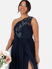 Maya Blue One Shoulder Tulle Maxi Dress With Embellished Motif - Image 4 of 5