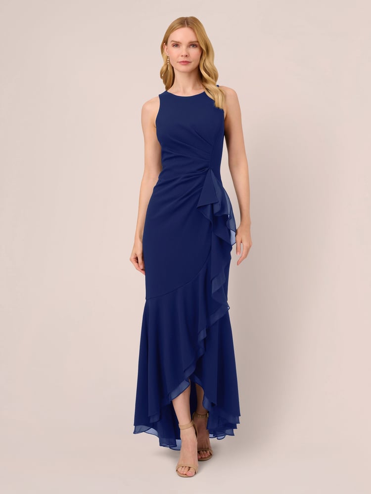 Adrianna Papell Ruffle Crepe Halter Gown - Image 1 of 5