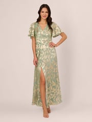 Adrianna Papell Green Foil Leaf Draped Gown - Image 1 of 6