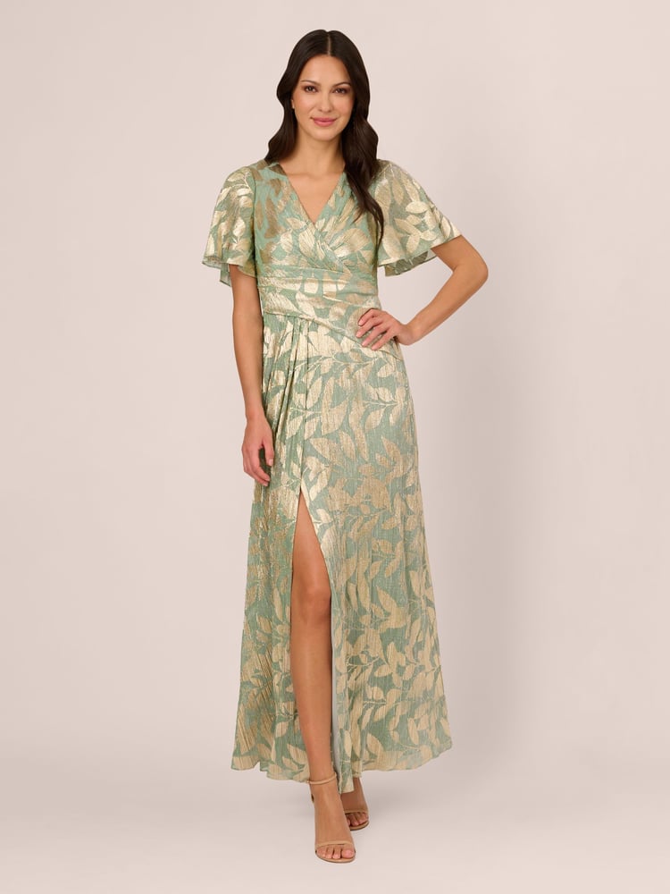 Adrianna Papell Green Foil Leaf Draped Gown - Image 1 of 6