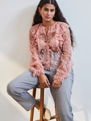 Pink Ruffle Lace Long Sleeve Blouse - Image 2 of 8