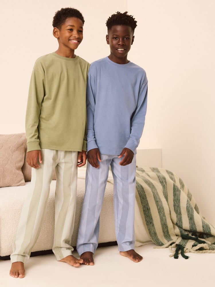Blue/Sage Green Stripe 2 Pack Long Sleeve Woven Check Pyjamas (3-16yrs) - Image 1 of 8