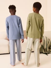 Blue/Sage Green Stripe 2 Pack Long Sleeve Woven Check Pyjamas (3-16yrs) - Image 2 of 8