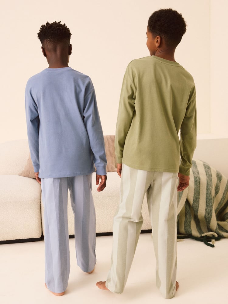 Blue/Sage Green Stripe 2 Pack Long Sleeve Woven Check Pyjamas (3-16yrs) - Image 2 of 8 Blue/Sage Green Stripe 2 Pack Long Sleeve Woven Check Pyjamas (3-16yrs) - Image 2 of 8
