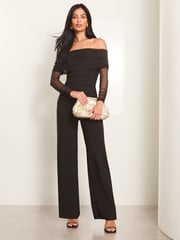 Lipsy Black Mesh Bardot Long Sleeve Wide Leg Jumpsuit - Image 1 of 4
