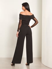 Lipsy Black Mesh Bardot Long Sleeve Wide Leg Jumpsuit - Image 3 of 4