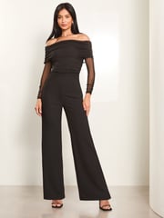 Lipsy Black Mesh Bardot Long Sleeve Wide Leg Jumpsuit - Image 4 of 4
