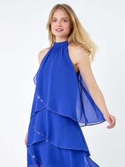 Roman Blue Sequin Trim Tiered Halterneck Dress - Image 2 of 5