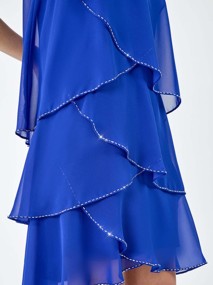 Roman Blue Sequin Trim Tiered Halterneck Dress - Image 5 of 5
