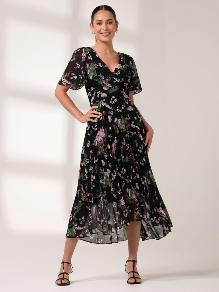 Jolie Moi Black Pleated Dip Hem Chiffon Maxi Dress - Image 1 of 6