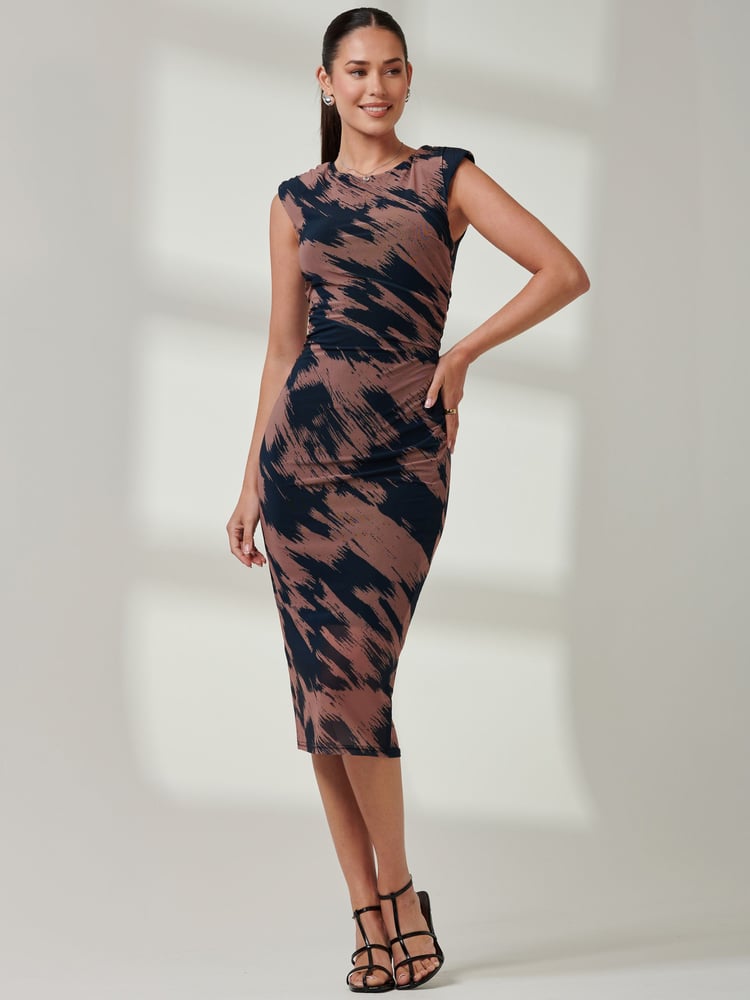 Jolie Moi Brown Mesh Shoulder Pad Bodycon Midi Dress - Image 1 of 6