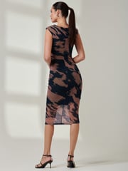 Jolie Moi Brown Mesh Shoulder Pad Bodycon Midi Dress - Image 2 of 6