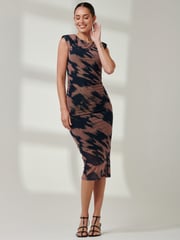 Jolie Moi Brown Mesh Shoulder Pad Bodycon Midi Dress - Image 4 of 6