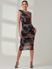 Jolie Moi Brown Mesh Shoulder Pad Bodycon Midi Dress - Image 6 of 6