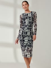 Jolie Moi Navy Long Sleeve Mesh Bodycon Maxi Dress - Image 1 of 6