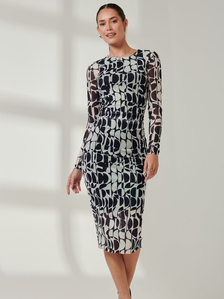 Jolie Moi Navy Long Sleeve Mesh Bodycon Maxi Dress - Image 1 of 6
