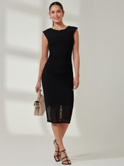 Jolie Moi Black Mesh Shoulder Pad Bodycon Midi Dress - Image 1 of 6