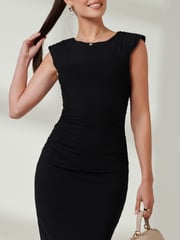 Jolie Moi Black Mesh Shoulder Pad Bodycon Midi Dress - Image 3 of 6