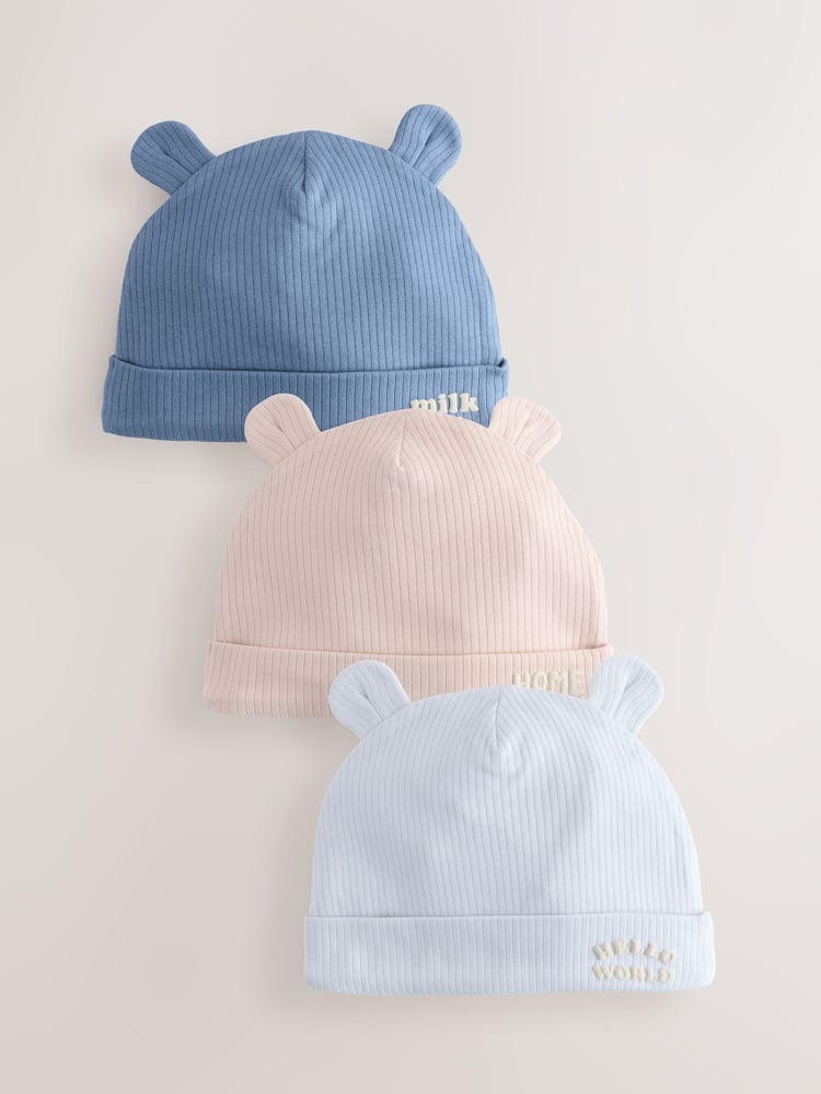 Blue 100% Cotton Slogan Baby Beanie Hats 3 Pack (0-18mths) - Image 1 of 6