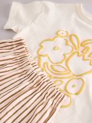 Cream Flower Short Sleeve 100% Cotton T-Shirt and Wide Trousers Set (3mths-7yrs) - Image 6 of 7