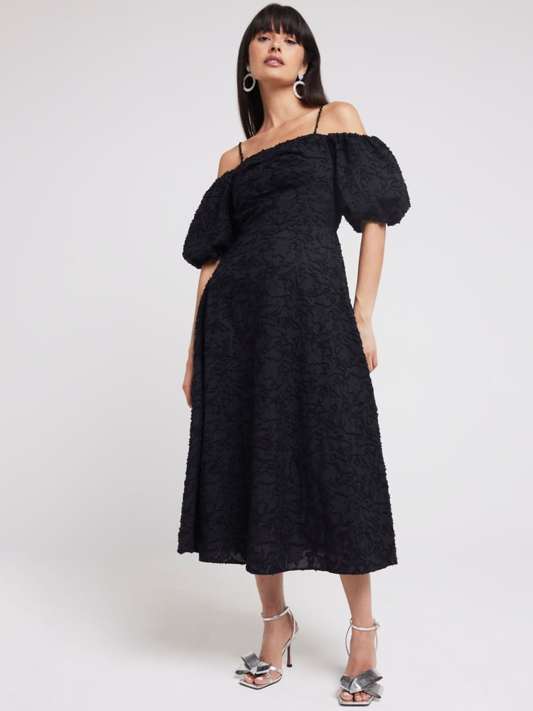 River Island Black Cold Shoulder Puff Sleeve Dress - Image 1 of 3 River Island Black Cold Shoulder Puff Sleeve Dress - Image 1 of 3