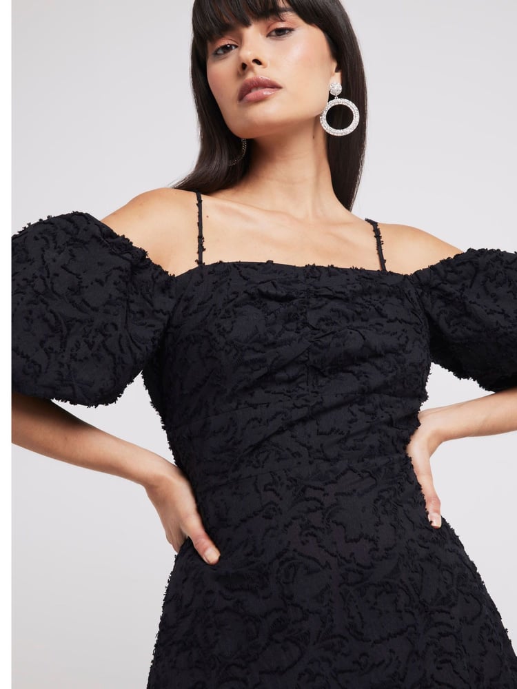 River Island Black Cold Shoulder Puff Sleeve Dress - Image 2 of 3 River Island Black Cold Shoulder Puff Sleeve Dress - Image 2 of 3