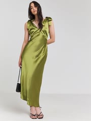 Simply Be Green Tie Strap Satin Dress - Image 1 of 5