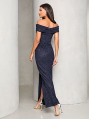 Lipsy Navy Blue Bardot Glitter Mesh Maxi Dress - Image 4 of 4