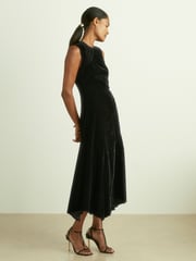 Reiss Black Blakely Velvet Shirred Panel Midi Dress - Image 1 of 5