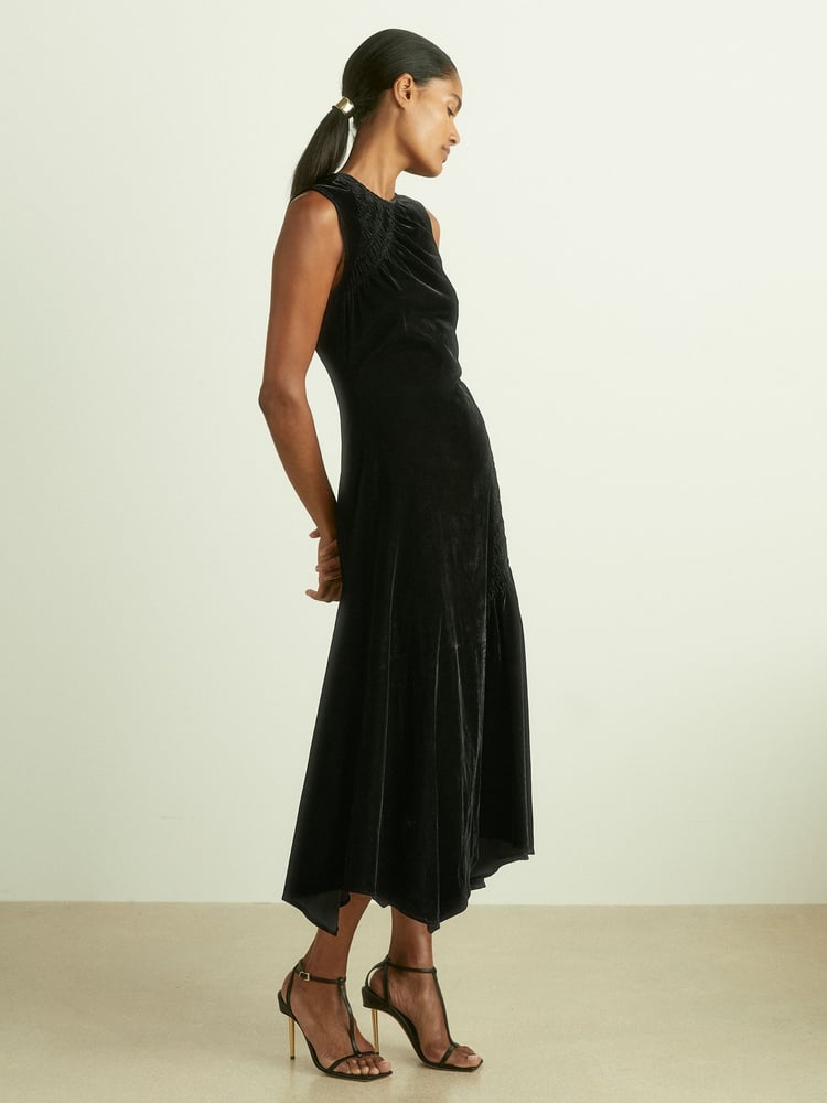 Reiss Black Blakely Velvet Shirred Panel Midi Dress - Image 1 of 5