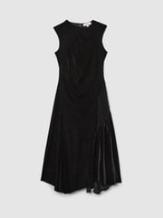 Reiss Black Blakely Velvet Shirred Panel Midi Dress - Image 2 of 5
