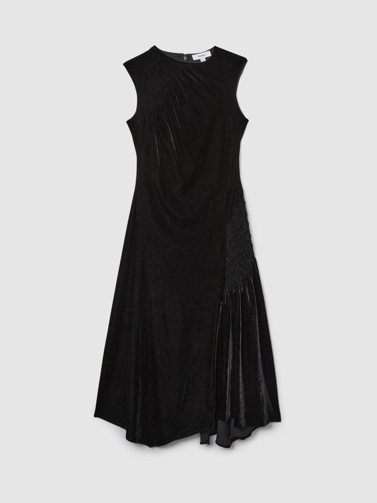 Reiss Black Blakely Velvet Shirred Panel Midi Dress - Image 2 of 5