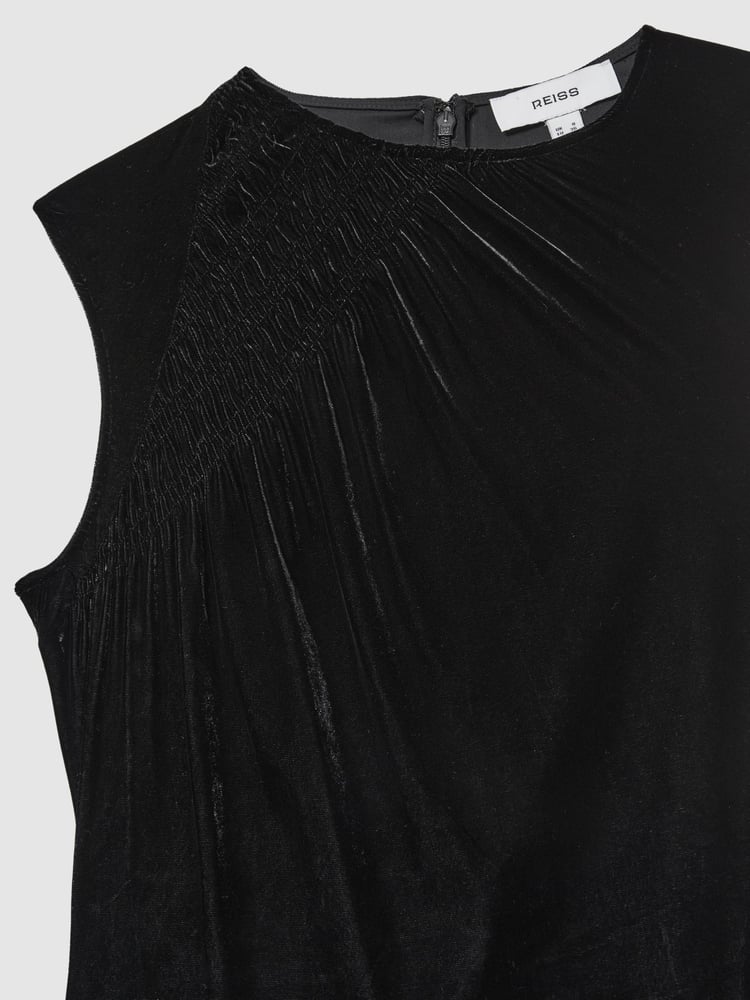 Reiss Black Blakely Velvet Shirred Panel Midi Dress - Image 5 of 5