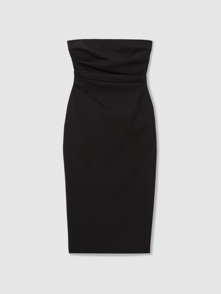 Reiss Black Arwen Strapless Pleated Midi Dress - Image 2 of 5