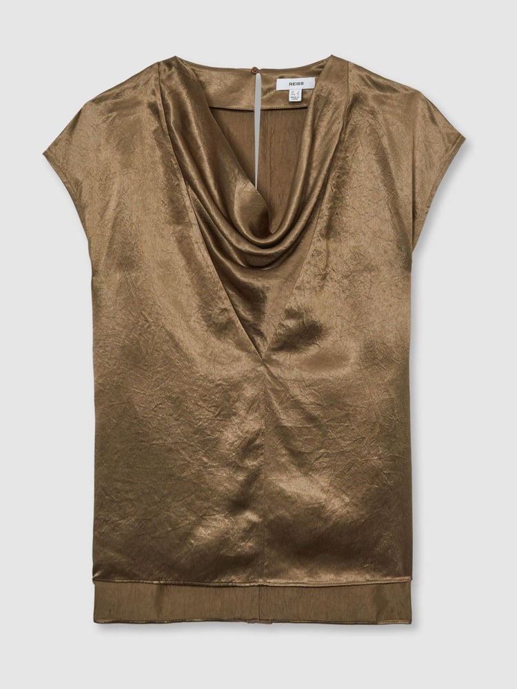 Reiss Khaki Fina Satin Cowl-Neck Top - Image 2 of 6