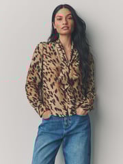 Leopard Print Tie Neck Drape Blouse - Image 1 of 4