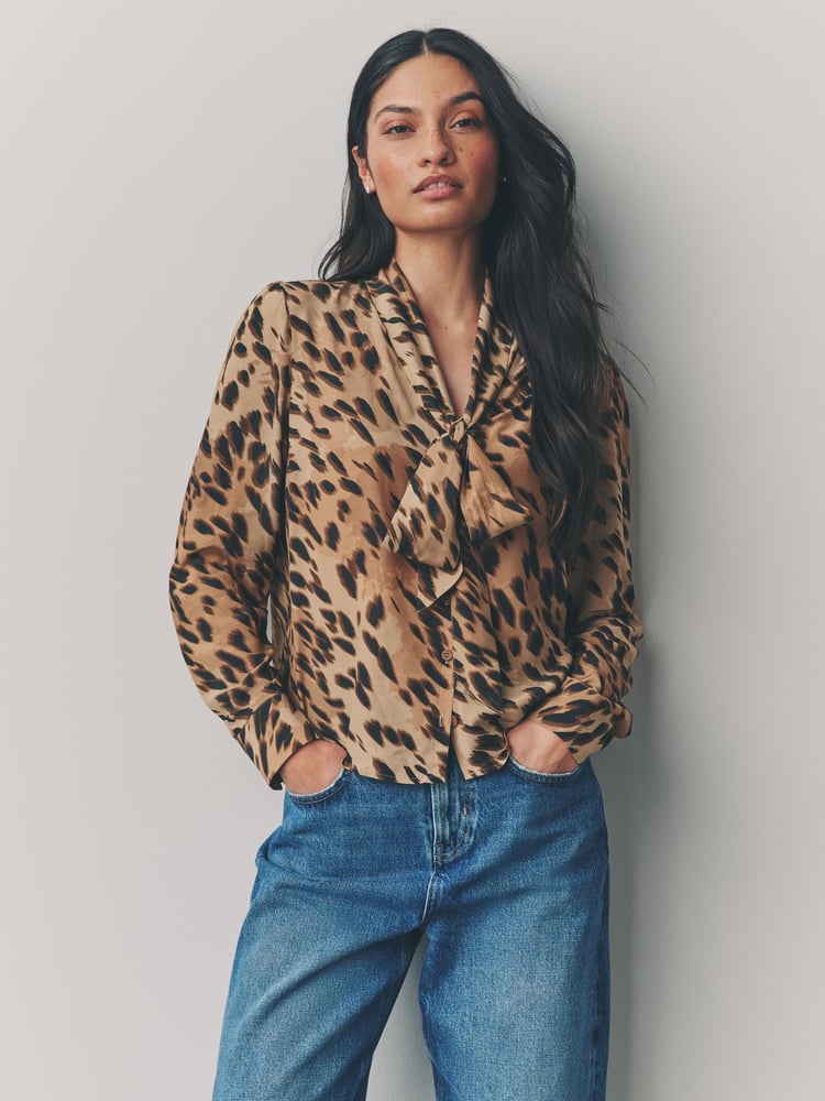 Leopard Print Tie Neck Drape Blouse - Image 1 of 4