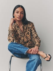Leopard Print Tie Neck Drape Blouse - Image 2 of 4