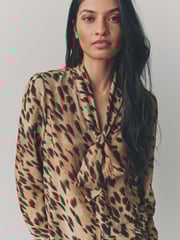Leopard Print Tie Neck Drape Blouse - Image 4 of 4