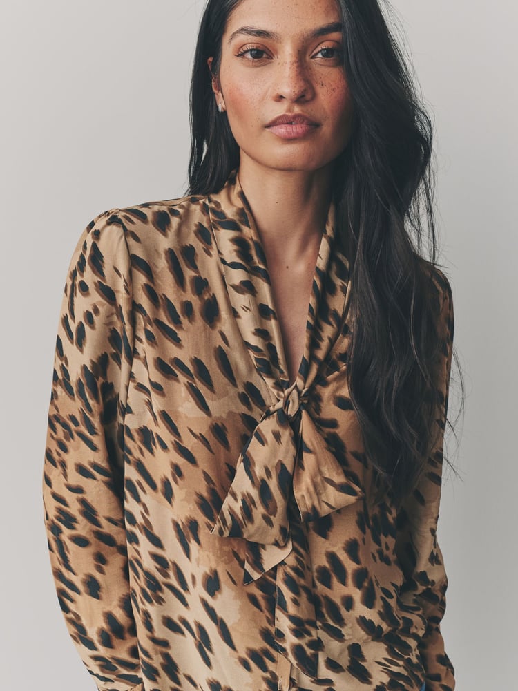 Leopard Print Tie Neck Drape Blouse - Image 4 of 4