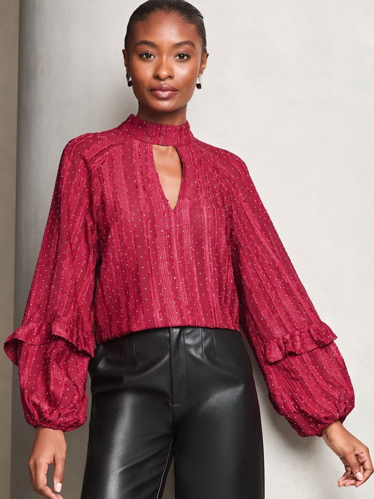 Lipsy Red Chiffon Burnout Keyhole Blouse - Image 1 of 4 Lipsy Red Chiffon Burnout Keyhole Blouse - Image 1 of 4